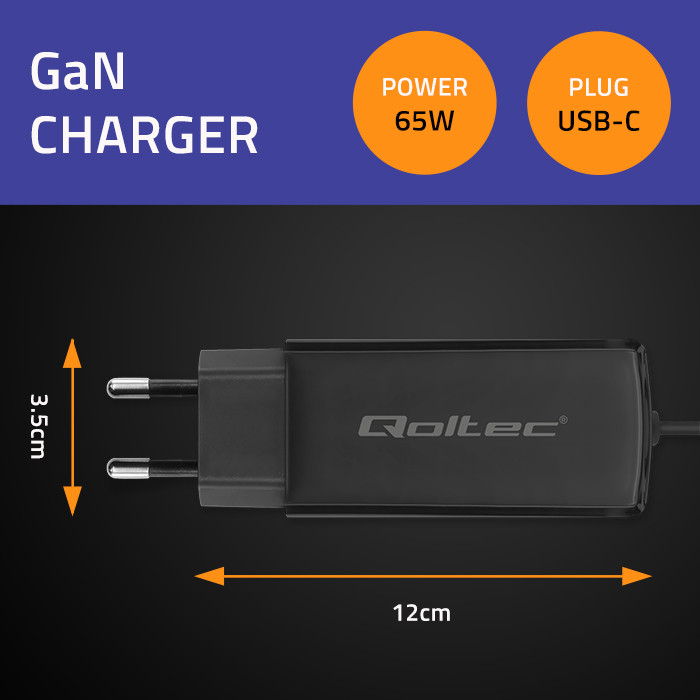 Qoltec 65W GaN Super Fast Charger| 5-20V | 3-3.25A | USB-C 3.1 | Laptop | Smartphone | Tablet