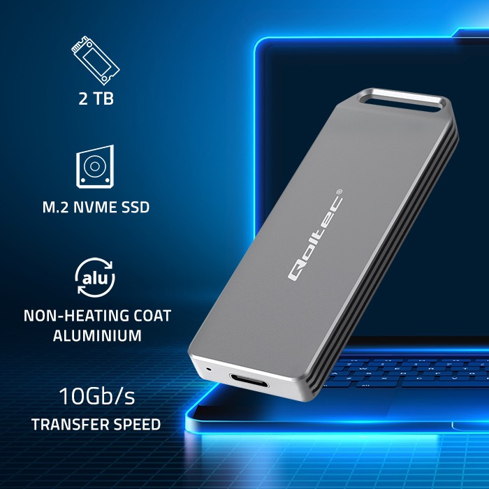 Qoltec Mini Aluminium Enclosure | M.2 SSD drive | NVMe | PCIe| USB 3.1 | Super speed 10Gb/s | 2TB | Silver
