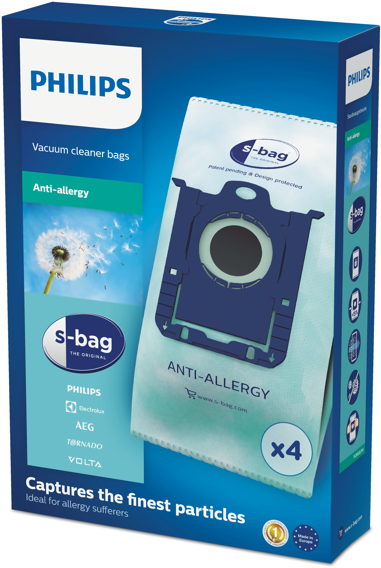Philips s-bag Vacuum cleaner bags FC8022/04 4 x dust bags One standard fits all Anti-allergy filtration