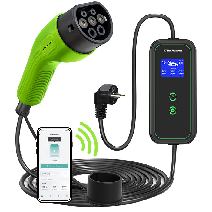 Qoltec Mobile EV charger with adjustable 2in1 Type2 | 3.5kW | 230V | Wi-fi | LCD | Portable | Wallbox | 5m