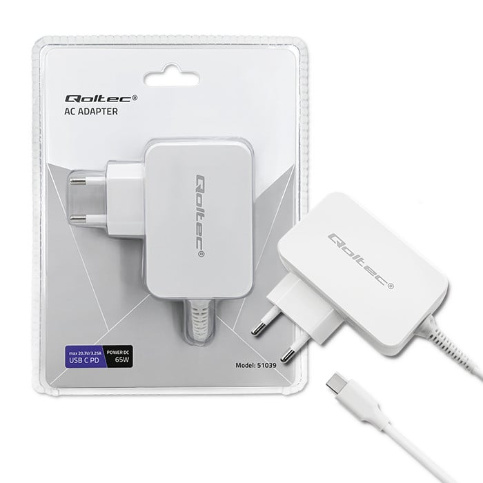 Qoltec Charger | 65W | 5-20.3V | 2-3.25A | USB type C | PD | Laptop | Smartfon | White