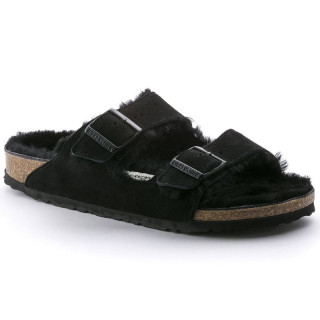 Birkenstock Arizona VL Shearling Black Suede Leather Regular Wide Women's Insulated Flip-Flops with Lambswool (0752661)