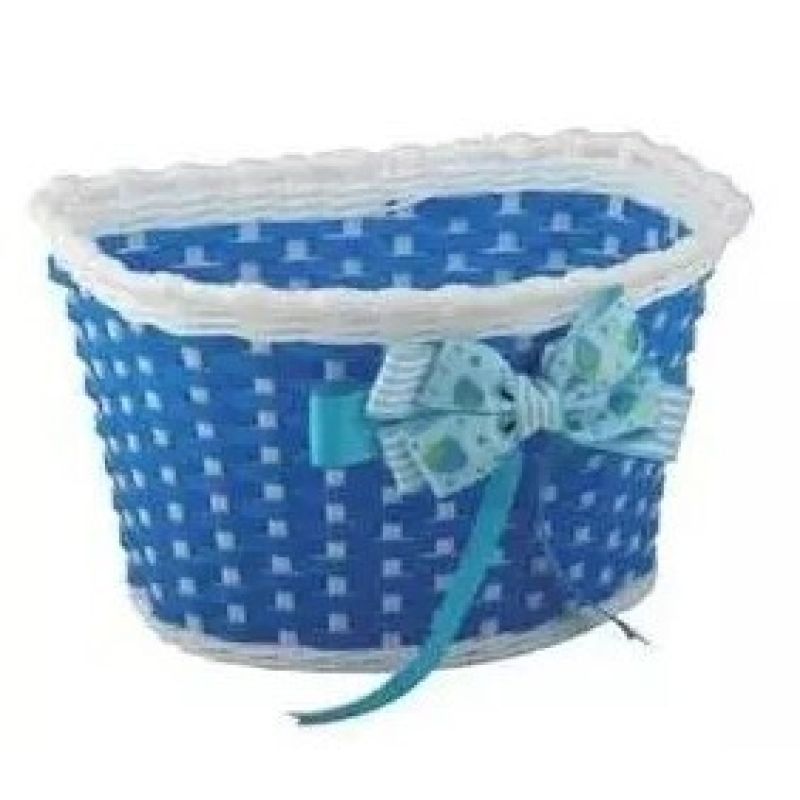 Bicycle basket plastic front white blue bun.