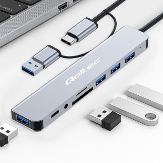 Qoltec Hub Adapter 8in1 USB-C/USB | USB-C | 4xUSB | SD/TF card | JACK 3.5mm TRRS