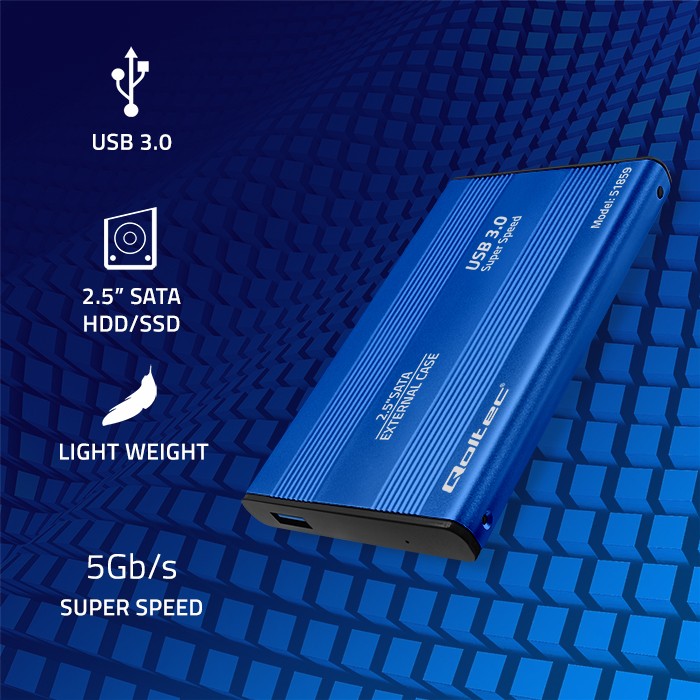 Qoltec Aluminium External Hard Drive Case HDD SSD 2.5'' SATA3 | USB 3.0 | Blue