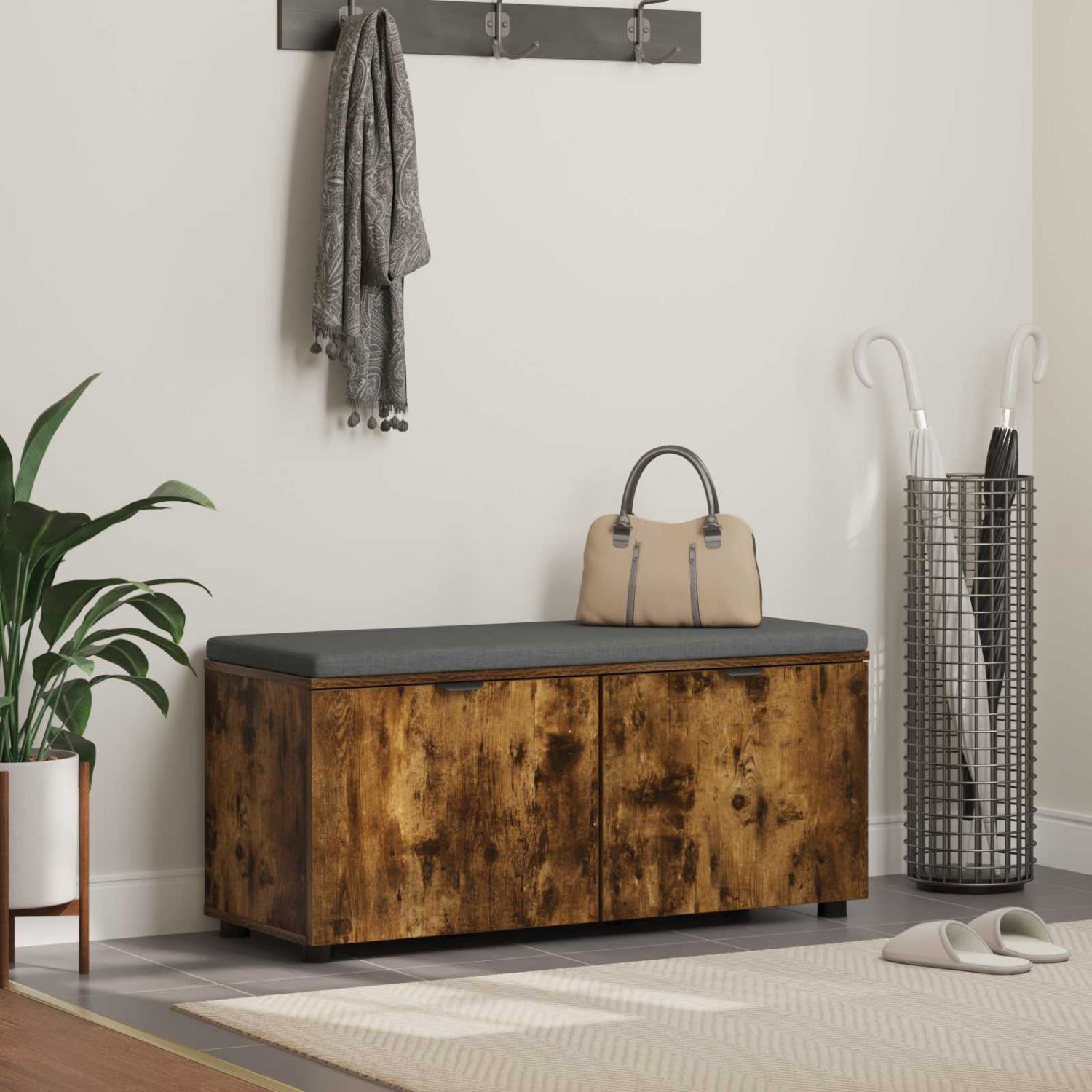 Hallipink padjaga uksega Suitsetatud tamm 100 x 38 x 46 cm