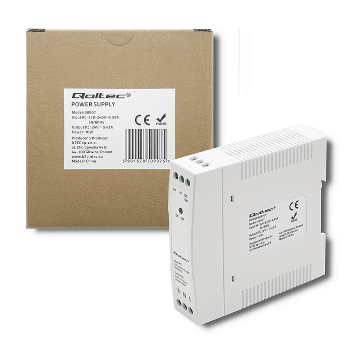 Qoltec DIN rail power supply | 10W | 24V | 0.42A | White | Slim
