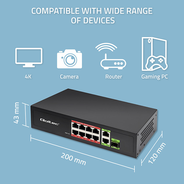 Qoltec FAST Ethernet PoE SWITCH 8x RJ45 PoE 2x RJ45 Uplink 1x SFP | 120W | 1000 Mb