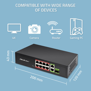 Qoltec FAST Ethernet PoE SWITCH 8x RJ45 PoE 2x RJ45 Uplink 1x SFP | 120W | 1000 Mb