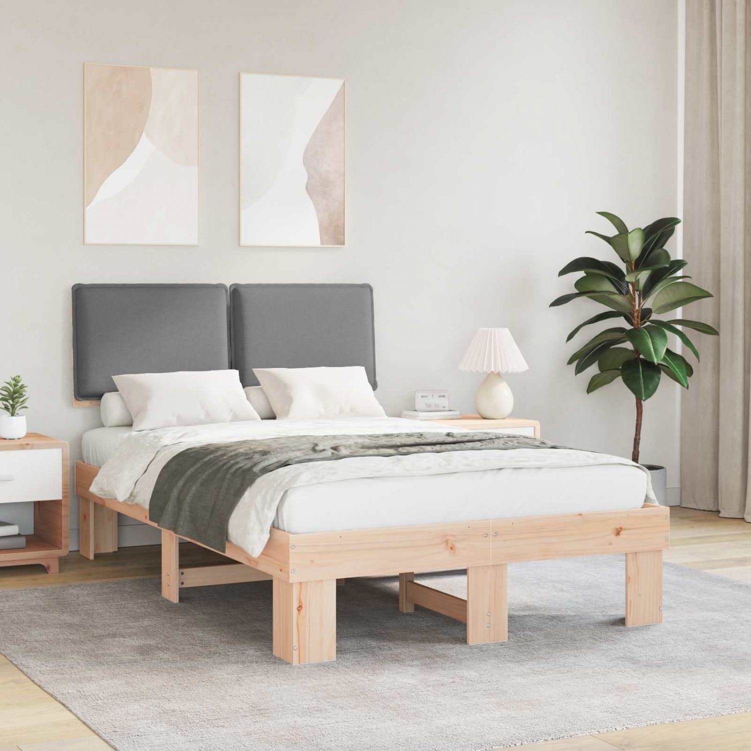 Voodiraam Pehme Peatoega peaga Helehall 120 x 190 cm Tahke mänd