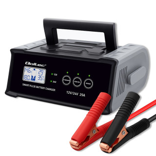Qoltec Intelligent microprocessor charger 12V 24V 25A | Rectifier with repair function for AGM GEL SLA battery | LCD