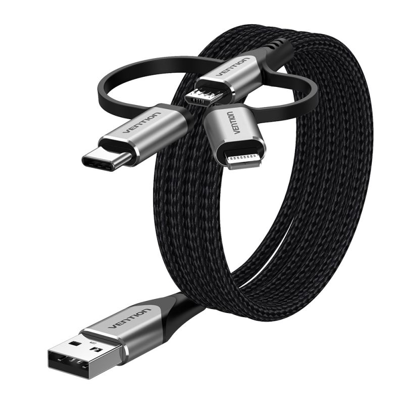 Vention USB-A 3in1 Micro-B USB-C Lightning Cable 1m Gray