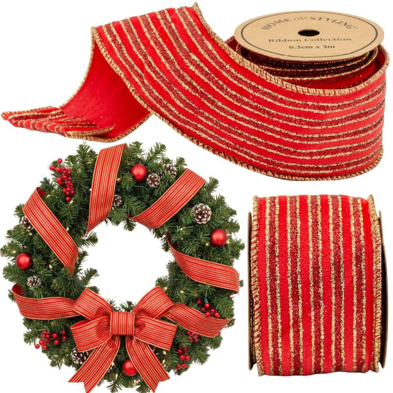 RIBBON GOLD STRIPES 6.3CMx3M RED