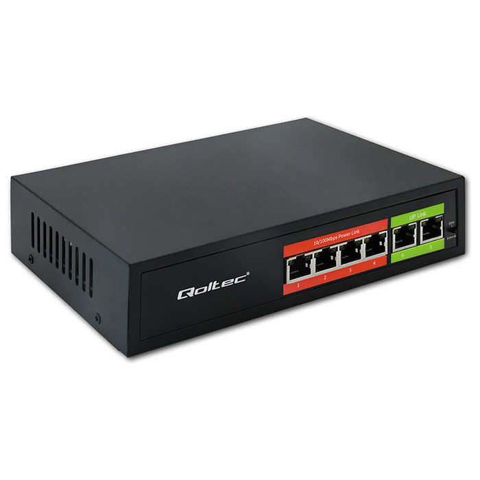 Qoltec FAST Ethernet PoE SWITCH | 4x RJ45 PoE | 2x RJ45 Uplink | 65W | 10/100 Mb/s