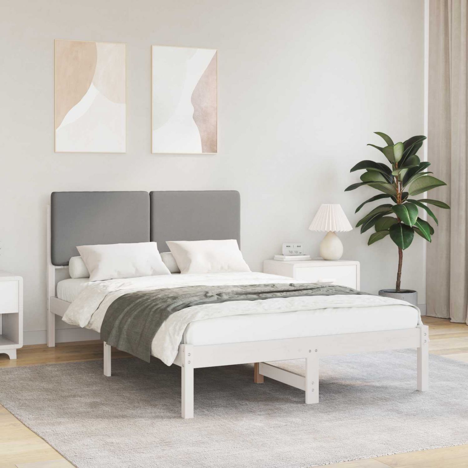 Voodiraam Pehme Peatoega peaga Helehall 135 x 190 cm Tahke mänd