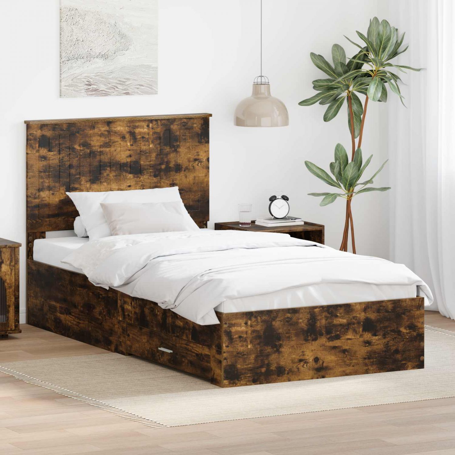 Voodi raam peaga Suitsetatud tamm 100 x 200 cm Tehispuit