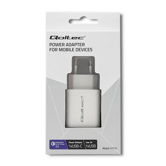 Qoltec Charger | 18W | 5-12V | 1.5-3A | USB type C PD | USB  QC 3.0 | White