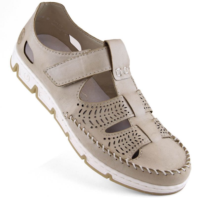Rieker W RKR651 beige leather velcro openwork shoes