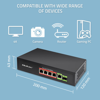 Qoltec FAST Ethernet PoE SWITCH 4x RJ45 PoE 1x RJ45 Uplink 1x SFP | 65W | 1000 Mb