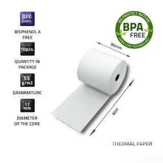 Qoltec Thermal roll 80 x 80 | 55g/m2 | 10pcs | BPA free