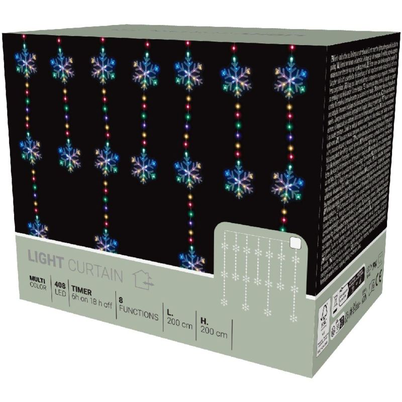 CHRISTMAS TREE LIGHTS LIGHT CURTAIN 200x200 CM 408LED SNOWFLAKES MULTICOLOR