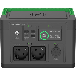Schneider OffGrid Portable Power Station 330, 230V, 332Wh Lithium-ion, LCD, 2 CEE 7/3 Schuko outlets, Sinewave, 3 USB-A, 1 USB-C, Wireless Charger