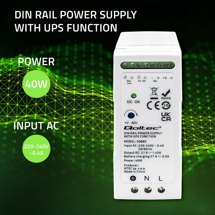 Qoltec Stable DIN Rail Power Supply with UPS function | 40W