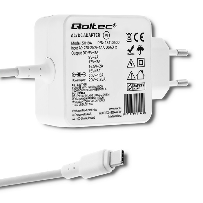 Qoltec Charger | 45W | 5-20V | 2-3A | USB type C | PD | White