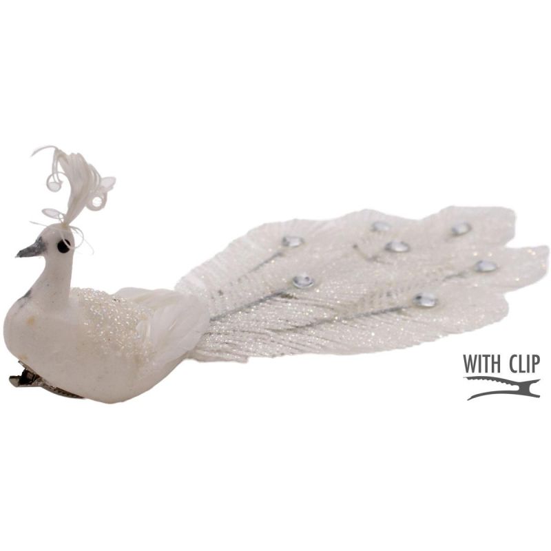 DECORATIVE PEACOCK ON A WHITE BAUBLE CLIP
