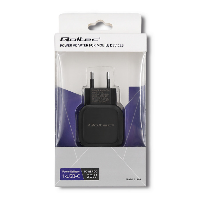Qoltec Charger | 20W | 5-12V | 1.67-3A | USB type C | PD | Black