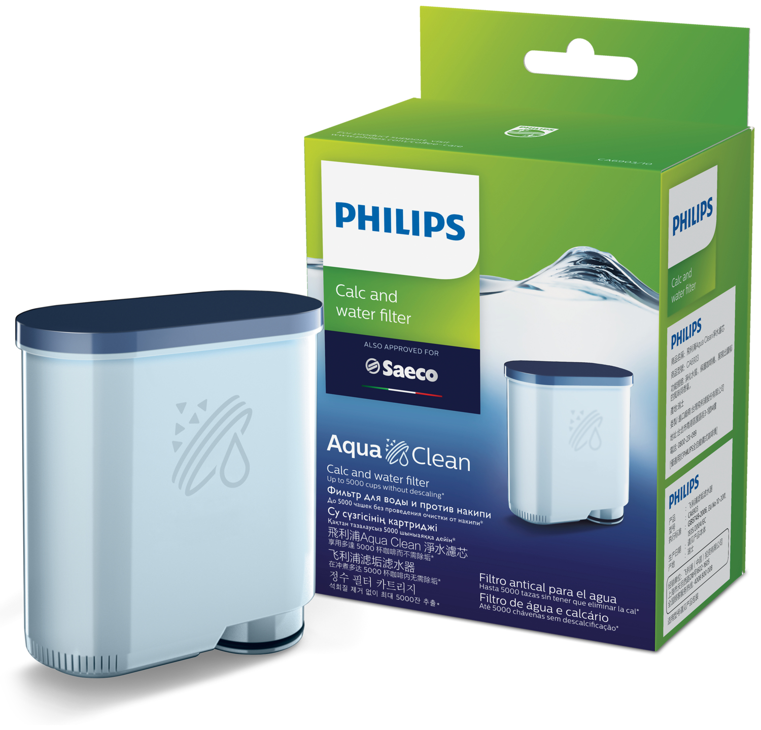 Philips Calc and Water filter CA6903/10 Same as CA6903/00 No descaling up to 5000 cups* Prolong machine lifetime 1x AquaClean Filter