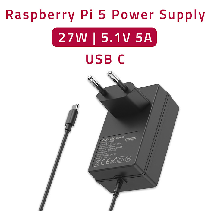Qoltec Super FAST PD charger for Raspberry PI 5 | USB-C | 27W | 5.1V | 5A | Black