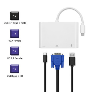 Qoltec Hub Adapter USB-C 3.1 3in1 | USB 3.0 | VGA | USB-C 3.1 PD 92W