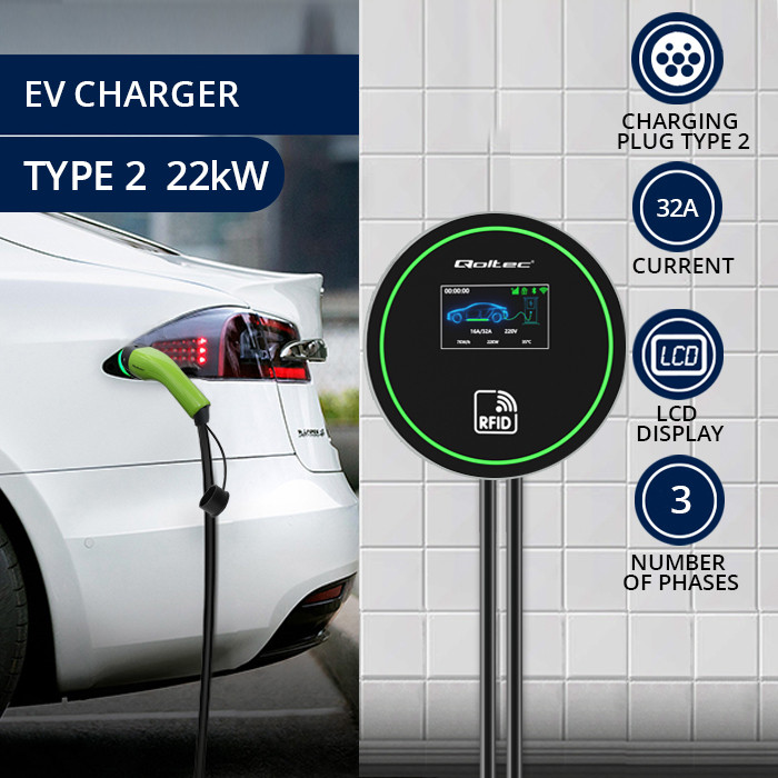 Qoltec EV Charging Station 2-in-1 Type2 | 22kW | Wi-fi| LCD | RFID | 3 phases | Wallbox | 5m