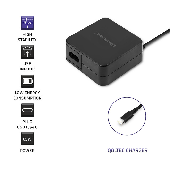 Qoltec Charger | 65W | 5-20.3V | 2-3.25A | USB type C | Laptop | Smartfon | PD