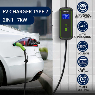 Qoltec Mobile EV charger with adjustable 2in1 Type2 | 7kW | 230V | CEE 3 PIN | Wi-fi | LCD | Portable | Wallbox | 5m