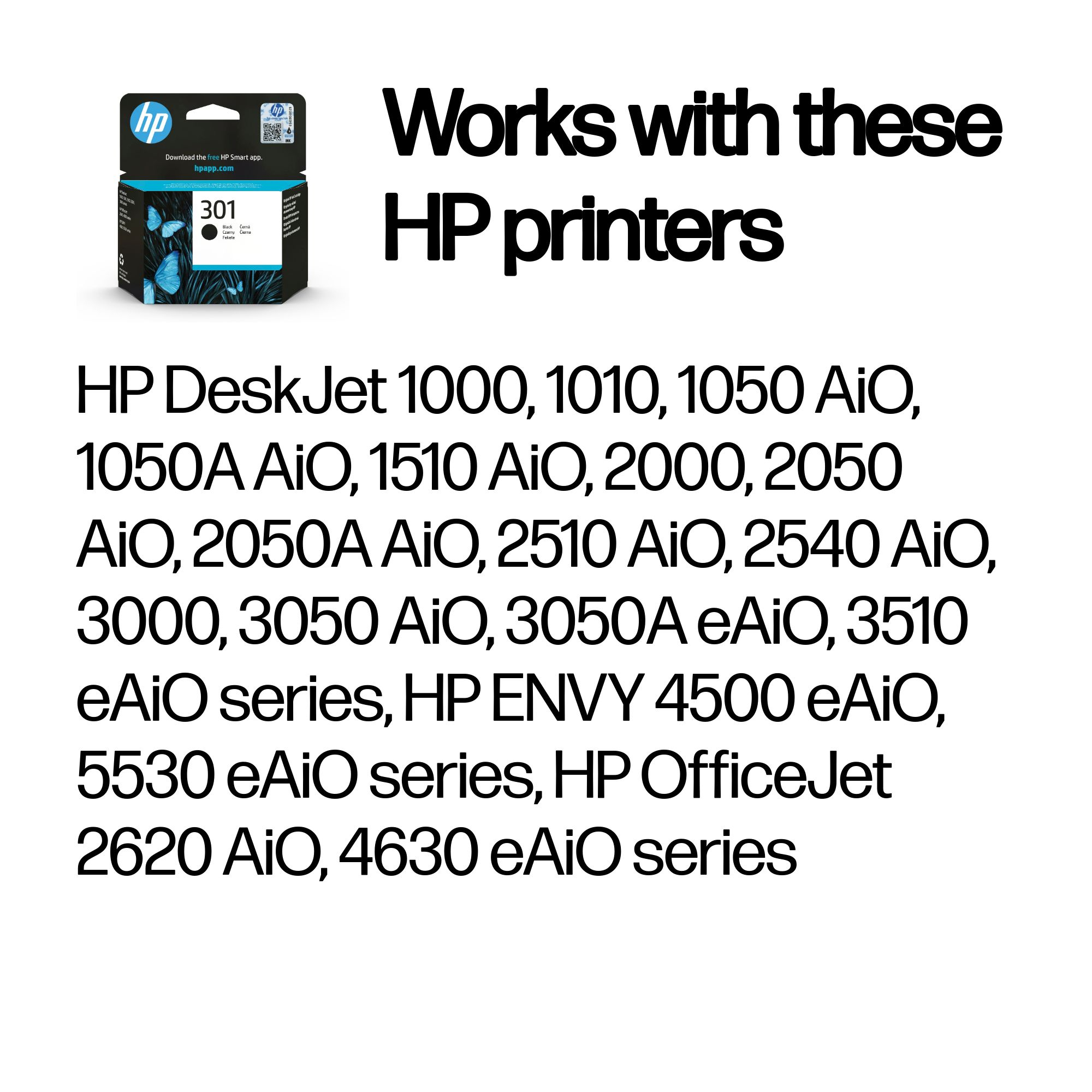 HP 301 Black Ink Cartridge, 190 pages, for HP Deskjet 1000, 1050, 2050, 3000, 3050