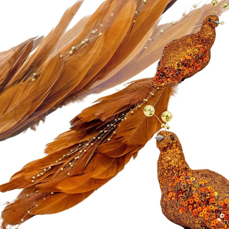 DECORATIVE BIRD ON A CLIP 38CM BROWN COPPER