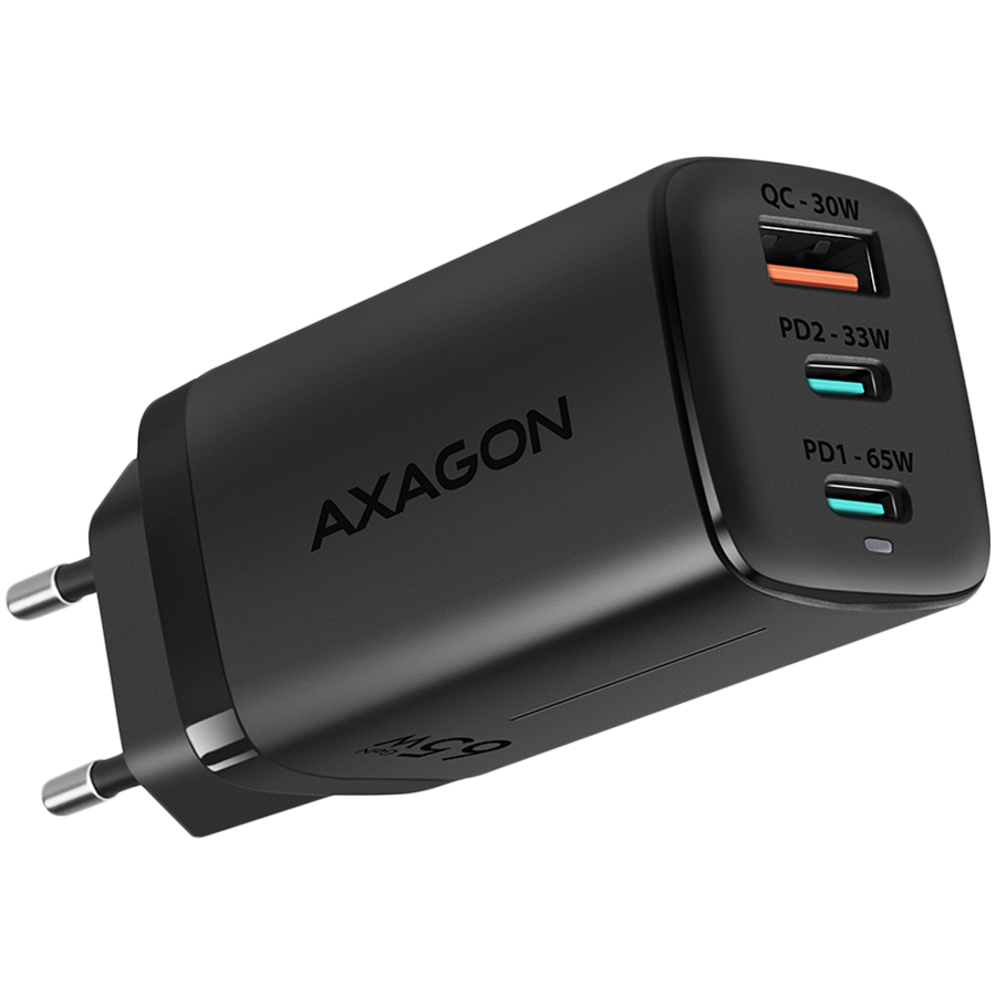 Сетевое GaN зарядное устройство Axagon <240V / 3 порта (USB + два USB-C), PD3.0/QC4+/PPS/Apple. Общая мощность 65 Вт.
