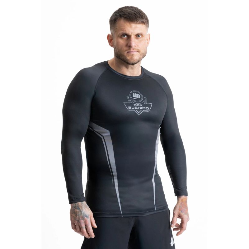 Gray long sleeve rashguard with DBX Bushido logo