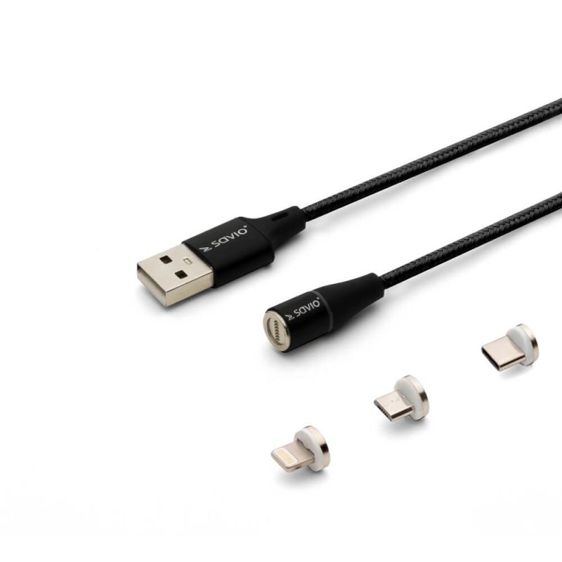 SAVIO MAGNETIC USB CABLE - USB TYPE C, MICRO AND LIGHTNING, 2M, BLACK CL-155