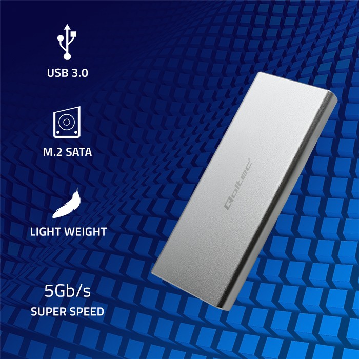 Qoltec Aluminium Enclosure | M.2 SSD drive | SATA | NGFF| USB 3.0 | Super speed 5GB/s | 2TB | Silver