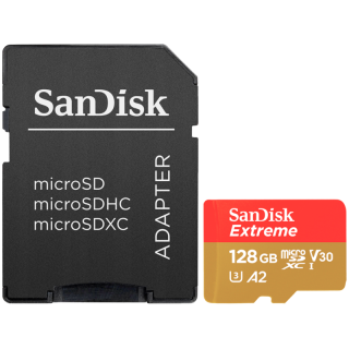 Карта памяти SanDisk Extreme microSDXC 128GB + SD адаптер + 1 год RescuePRO Deluxe до 190MB/s чтение и 90MB/s запись A2 C10 V30 UHS-I U3