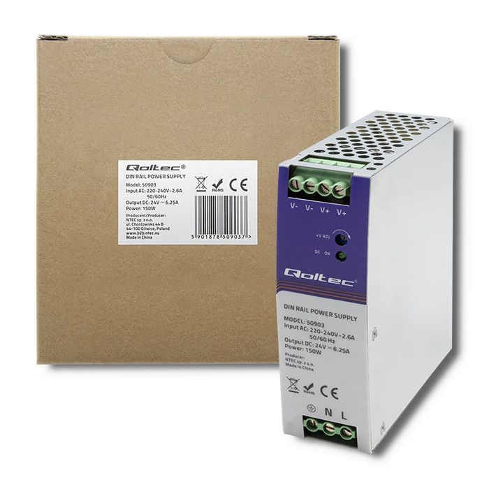 Qoltec Industrial DIN rail power supply | 150W | 24V | 6.25A