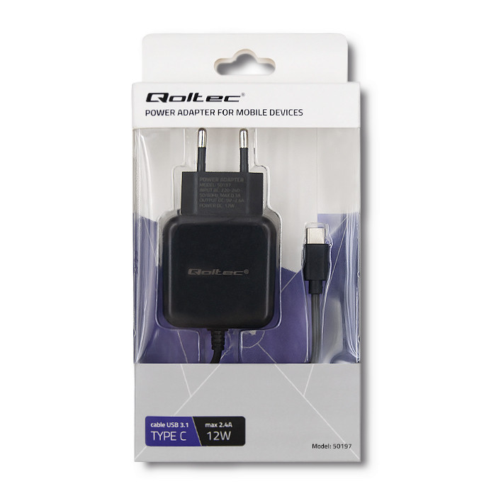 Qoltec Charger 12W | 5V | 2.4A | USB type C | Black