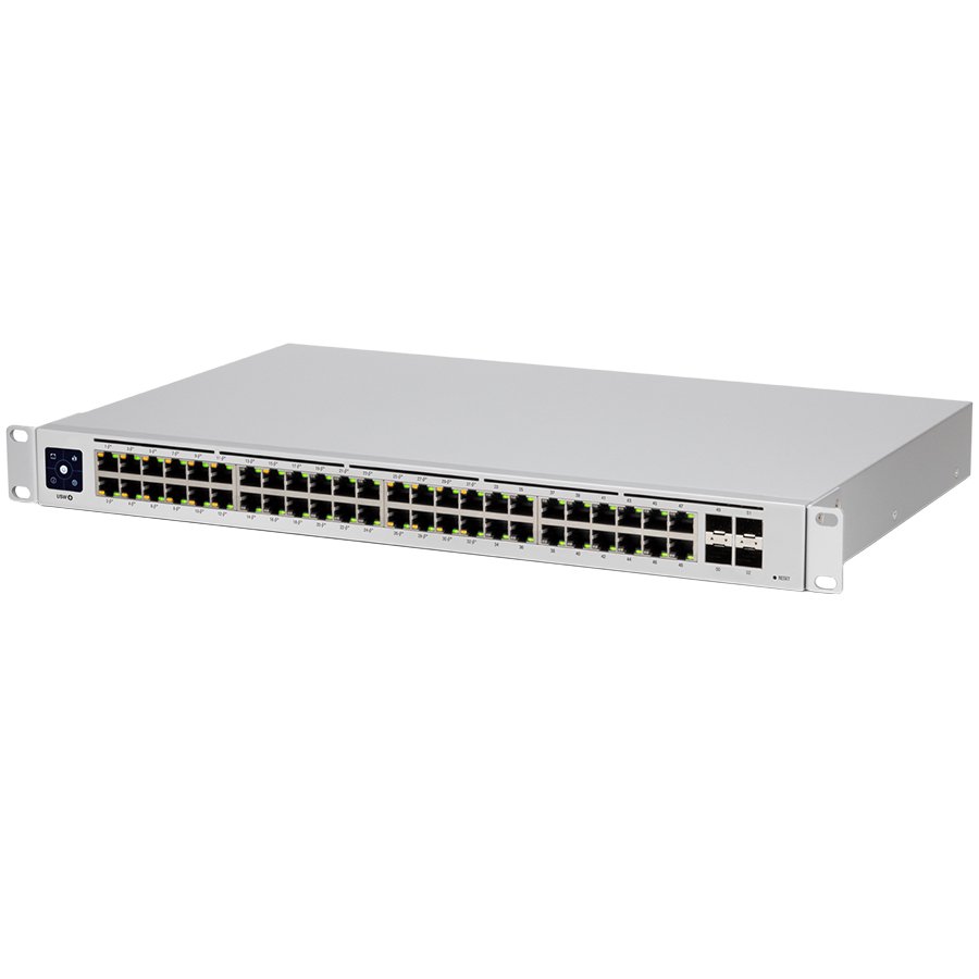 Ubiquiti USW-48-PoE, коммутатор Layer 2 PoE, 32 x GbE PoE+, 16 x GbE портов, 4 x 1G SFP портов, 195W общая мощность PoE, безвентиляторное, бесшумное охлаждение, защита от ESD/EMP, 1.3-дюймовый сенсорный LCM дисплей, для монтажа в стойку (комплект в компле