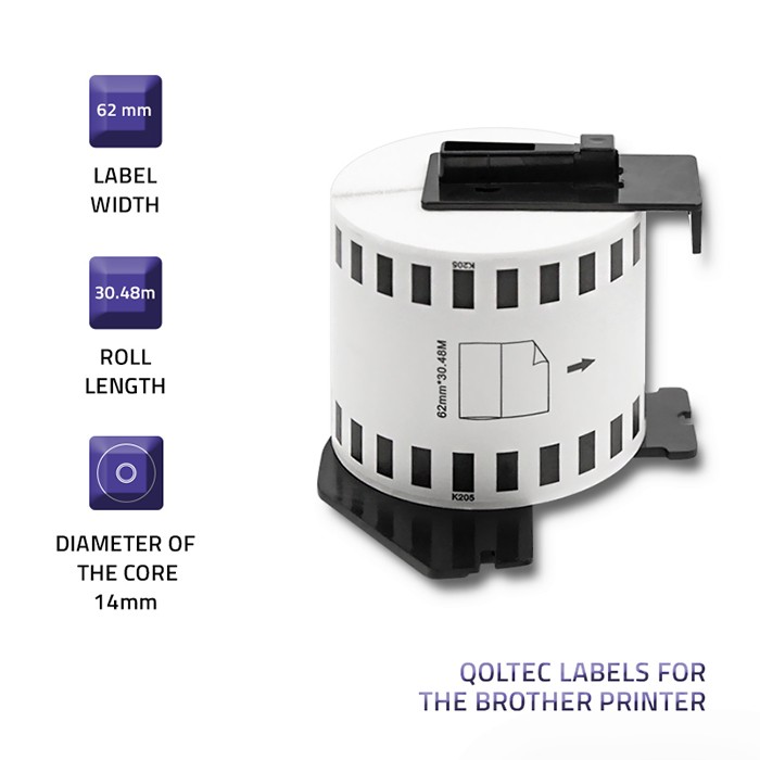 Qoltec Tape for BROTHER DK-22205 | 62mm x 30.48m | White / Black overprint | Roller with handle