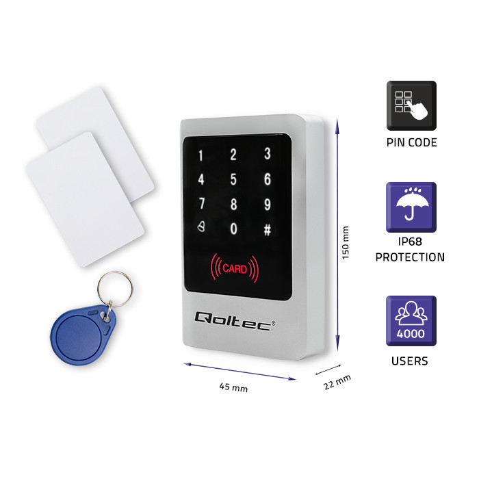 Qoltec Code lock MIMAS with RFID reader Code | Card | key fob | Doorbell button | IP68 | EM