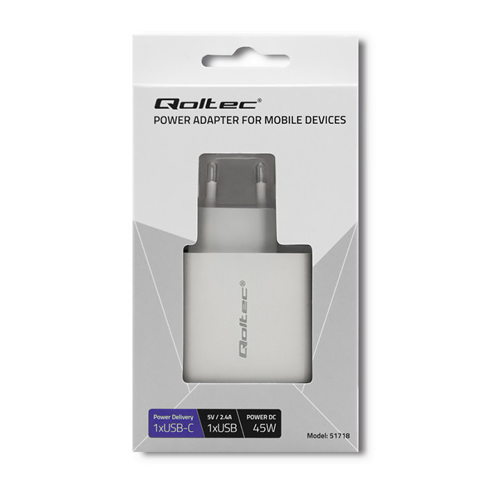 Qoltec Charger | 45W | 5-20V | 2.4-3A | USB type C PD | USB 3.0 | White