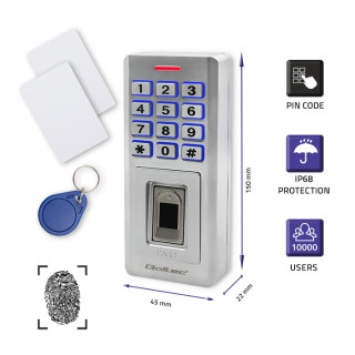 Qoltec Code lock OBERON with fingerprint reader | RFID | Code | Card | key fob | Doorbell | IP68 | EM